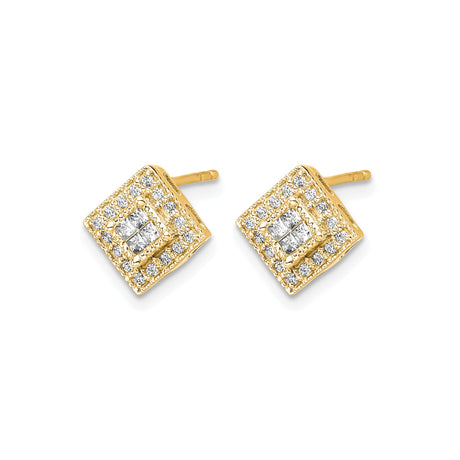 10k Yellow Gold Diamond Stud Earrings, Square-Set Double Halo Geometric Design for Women