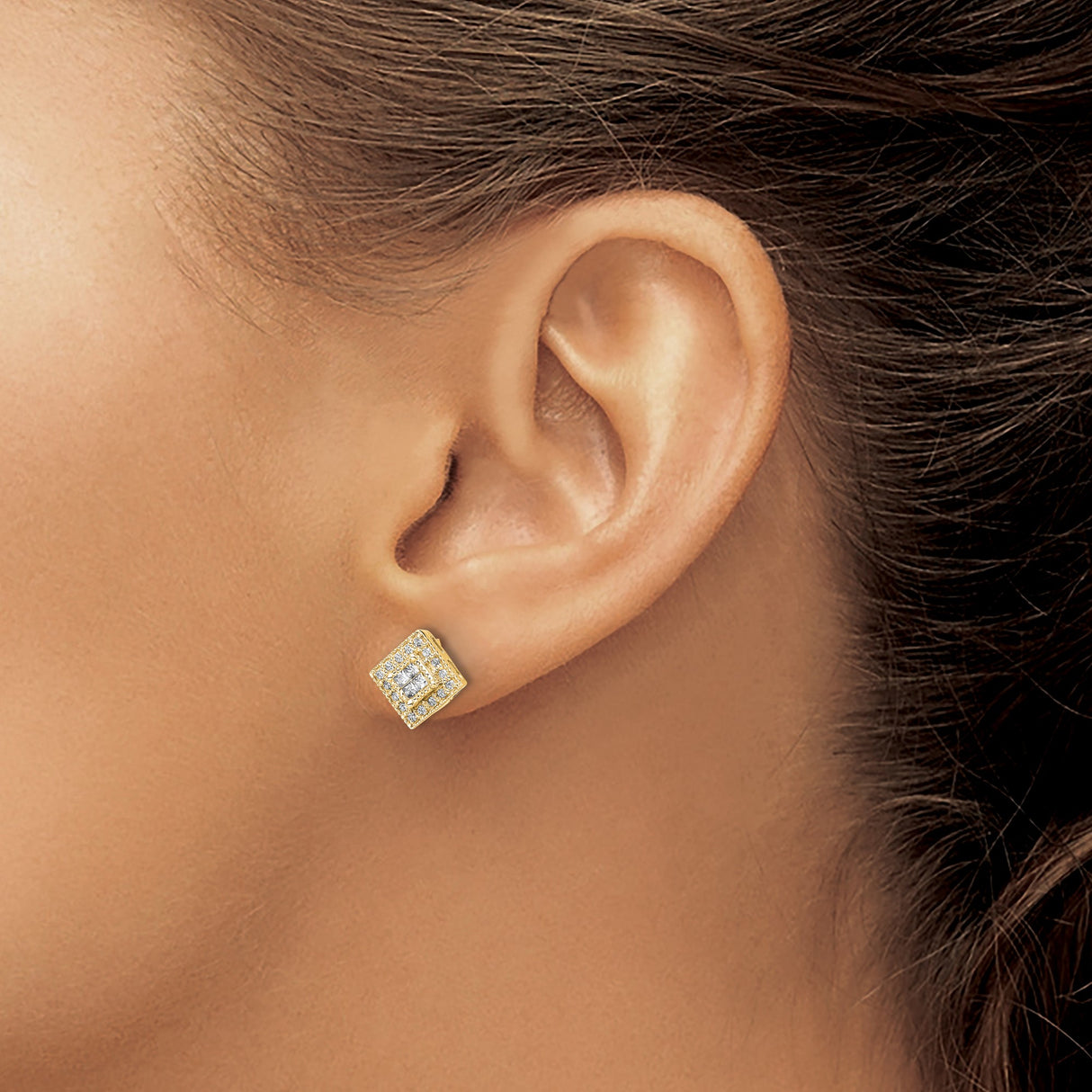 10k Yellow Gold Diamond Stud Earrings, Square-Set Double Halo Geometric Design for Women