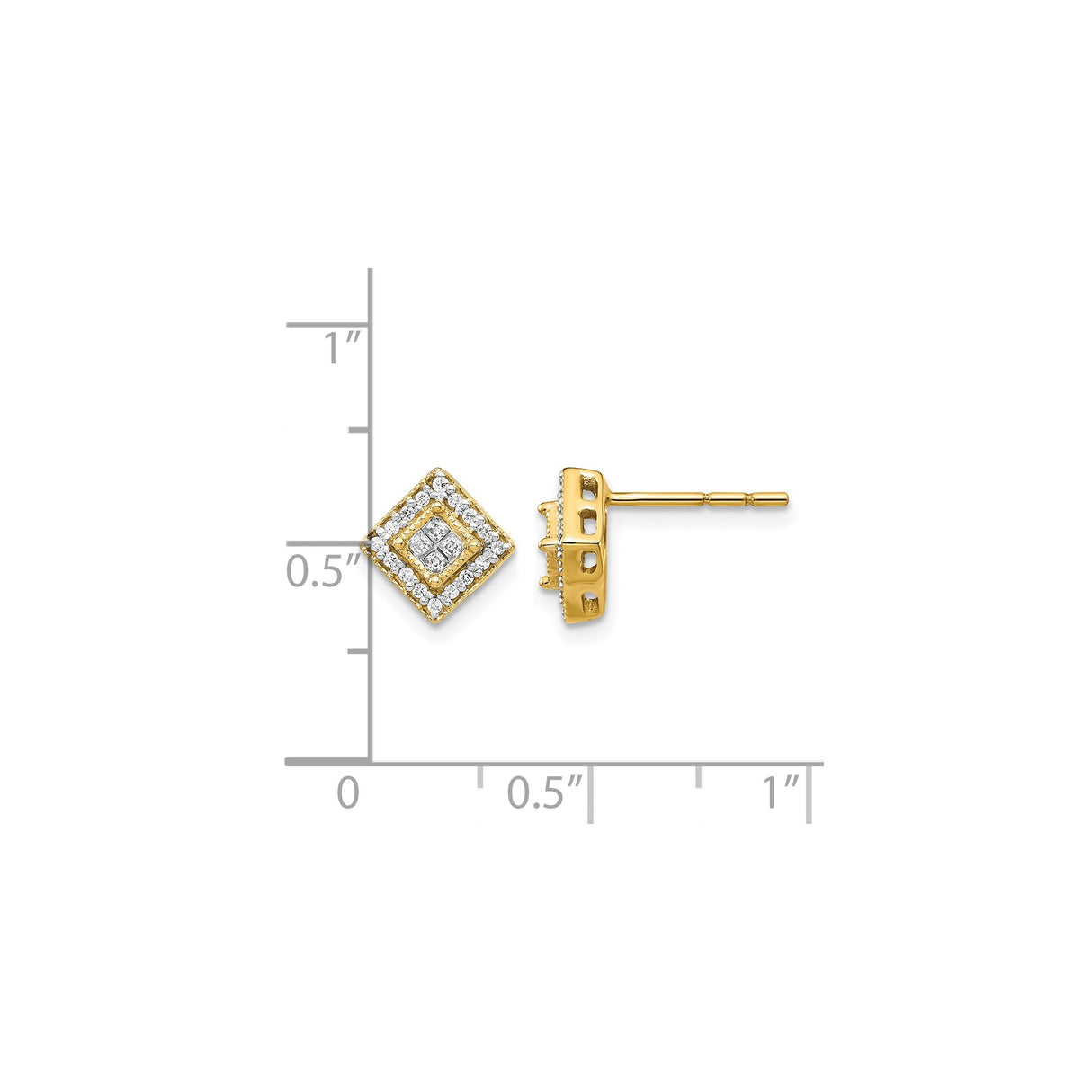 10k Yellow Gold Diamond Stud Earrings, Square-Set Double Halo Geometric Design for Women