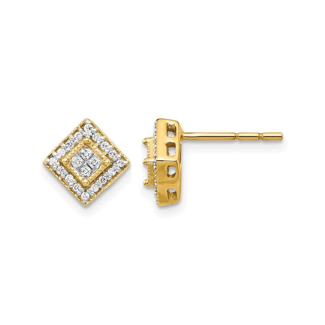10k Yellow Gold Diamond Stud Earrings, Square-Set Double Halo Geometric Design for Women