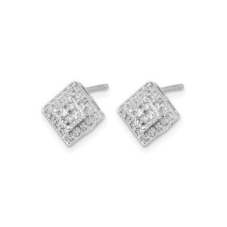 14k White Gold Diamond Stud Earrings with Double Halo, Square Geometric Design