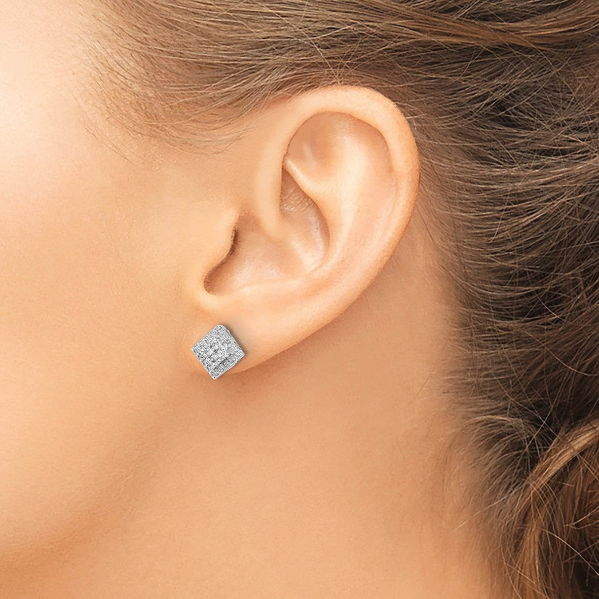 14k White Gold Diamond Stud Earrings with Double Halo, Square Geometric Design