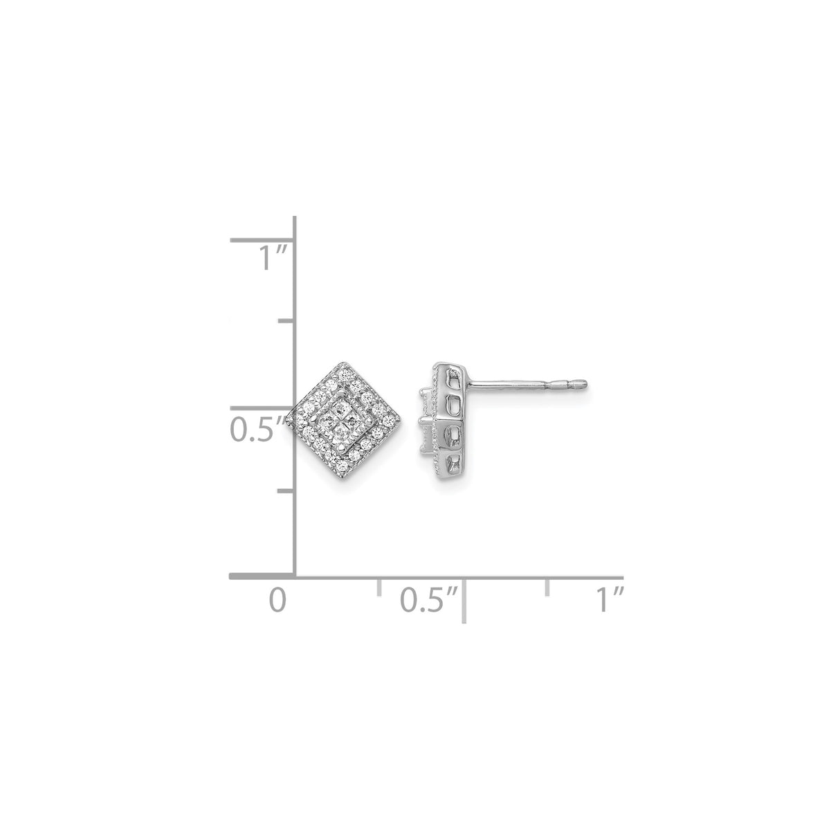 14k White Gold Diamond Stud Earrings with Double Halo, Square Geometric Design