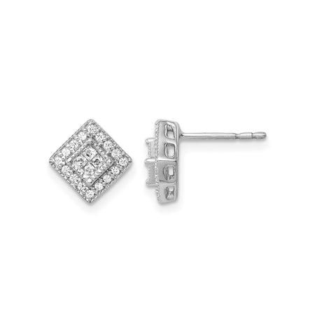 14k White Gold Diamond Stud Earrings with Double Halo, Square Geometric Design