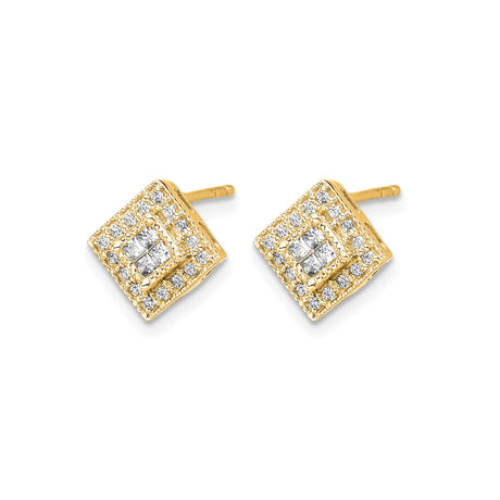 14k Yellow Gold Diamond Stud Earrings with Square Halo Cluster Design, Modern Geometric Style