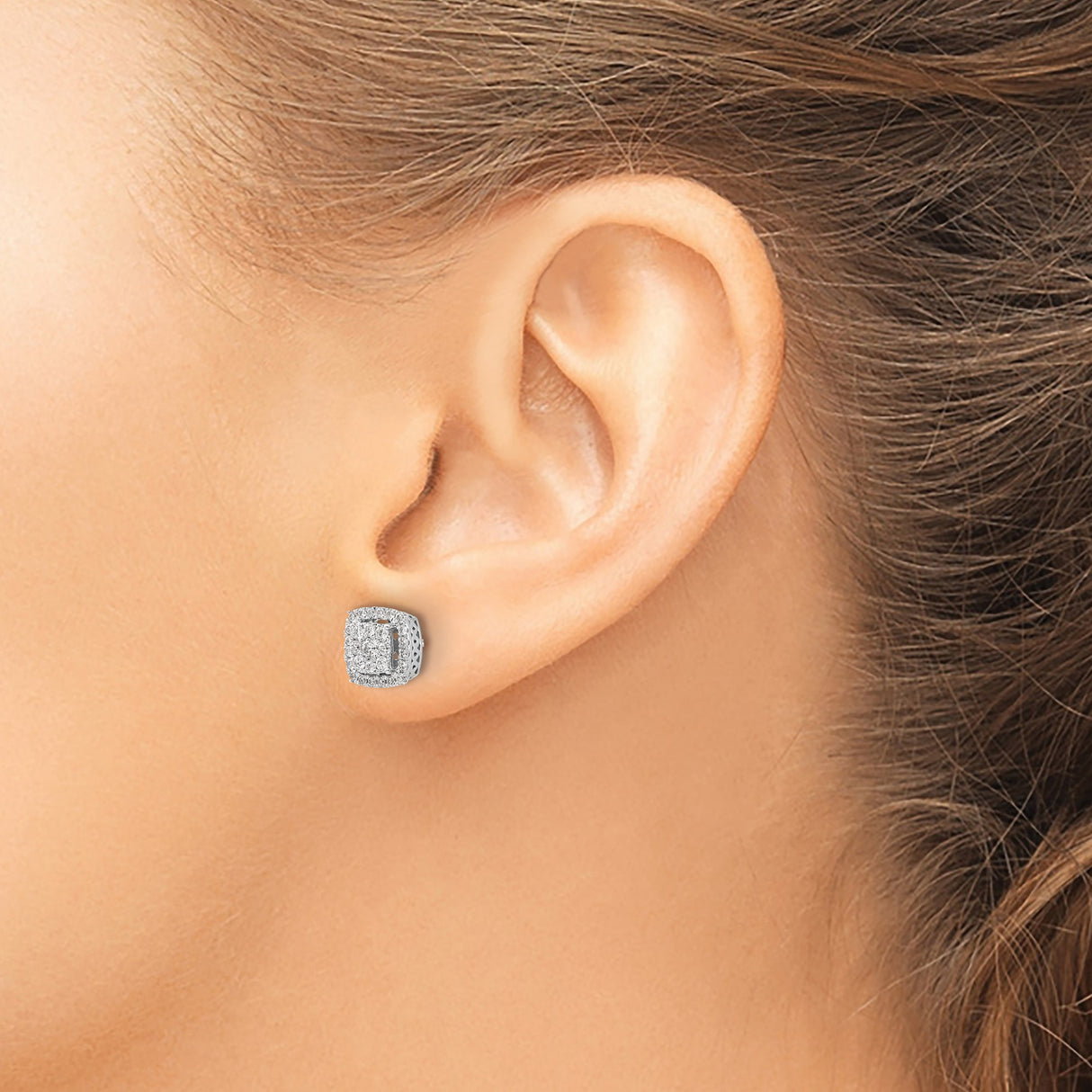 10k White Gold Diamond Stud Earrings with Cushion Double Halo Design