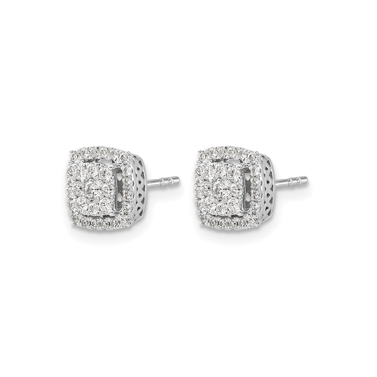 14k White Gold Diamond Stud Earrings with Cushion Cut and Double Halo Design