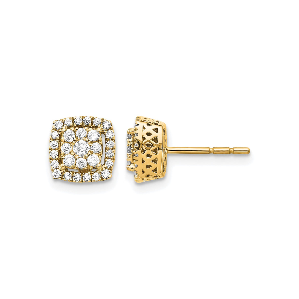 14k Yellow Gold Cushion Cut Diamond Stud Earrings with Double Halo Floral Design