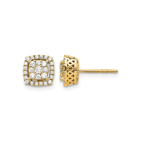 14k Yellow Gold Cushion Cut Diamond Stud Earrings with Double Halo Floral Design