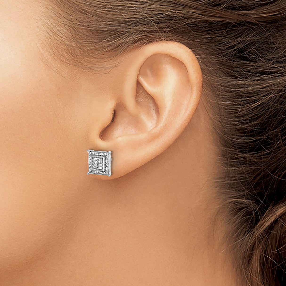 10k White Gold Square Stud Earrings with Round-Cut Diamonds, Double Frame Design for Men