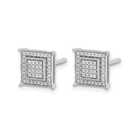 14k White Gold Square Stud Earrings with Diamond Double Halo, Modern Geometric Design for Men
