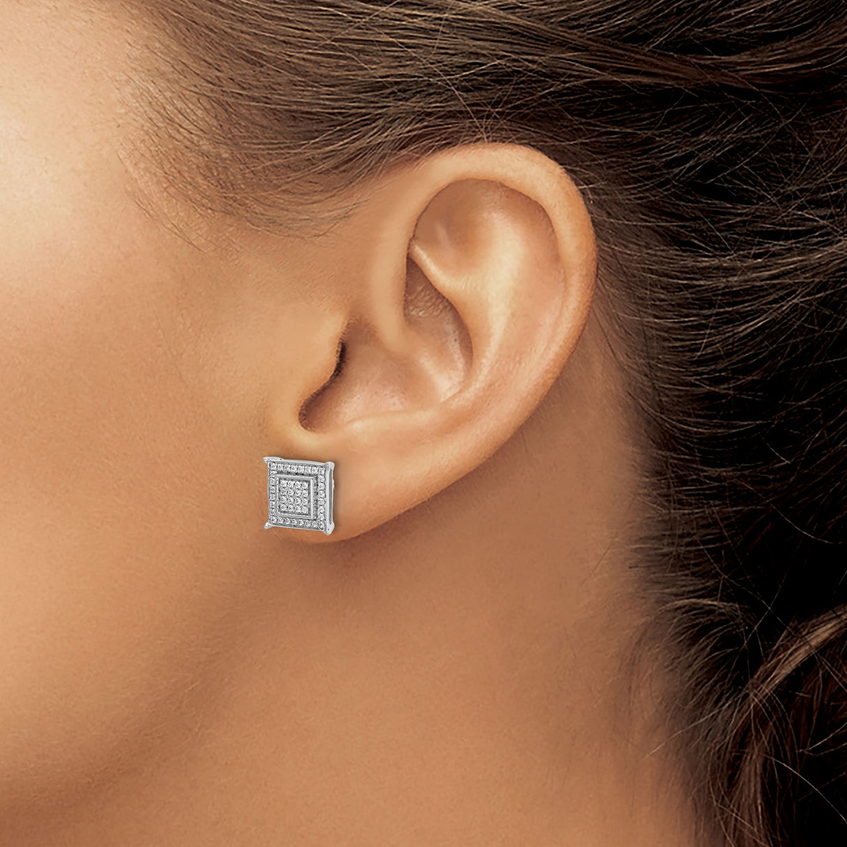 14k White Gold Square Stud Earrings with Diamond Double Halo, Modern Geometric Design for Men