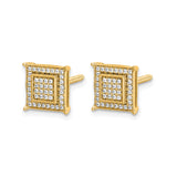 14k Yellow Gold Square Stud Earrings with Round White Diamonds, Pave Setting, Geometric Hip Hop Style