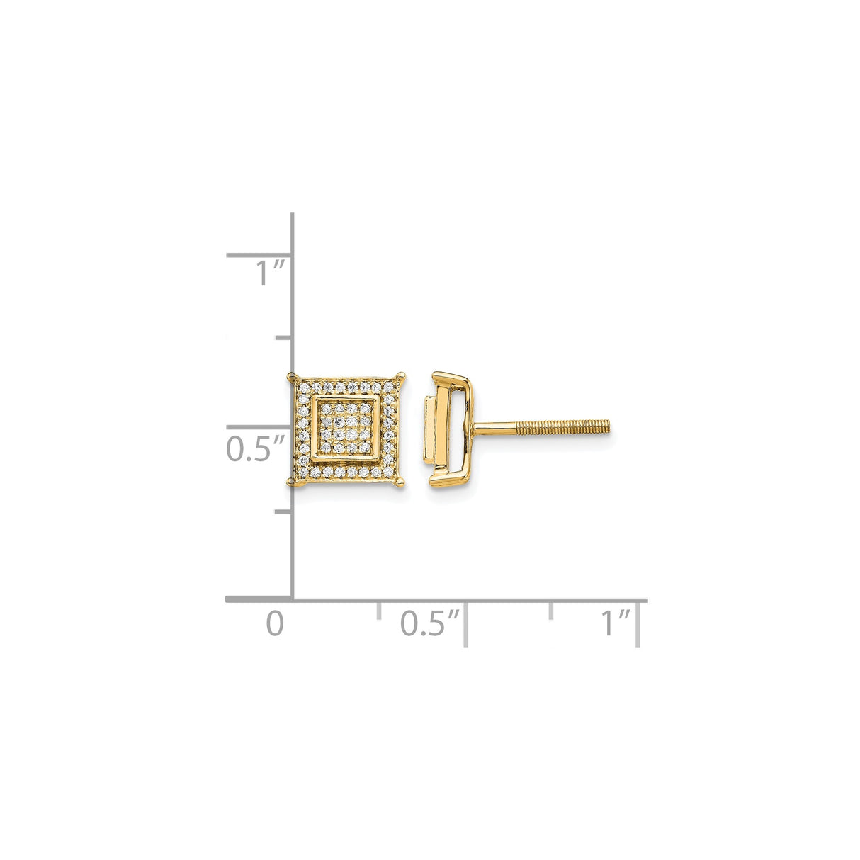 14k Yellow Gold Square Stud Earrings with Round White Diamonds, Pave Setting, Geometric Hip Hop Style