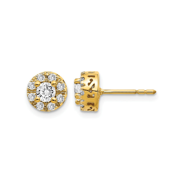 14k Yellow Gold Stud Earrings with Diamond Cluster Halo and Vintage Cutout Design