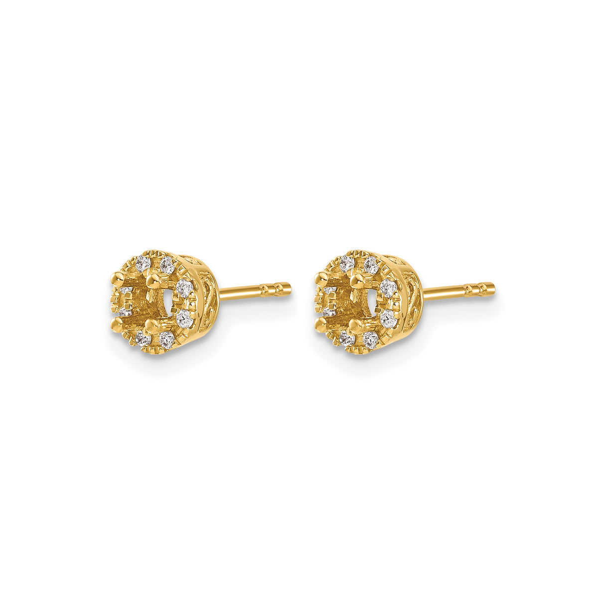 14k Yellow Gold Stud Earrings with Round Diamond, Floral Halo and Filigree Crown Design