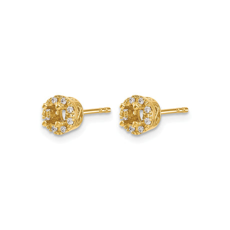 14k Yellow Gold Stud Earrings with Round Diamond, Floral Halo and Filigree Crown Design