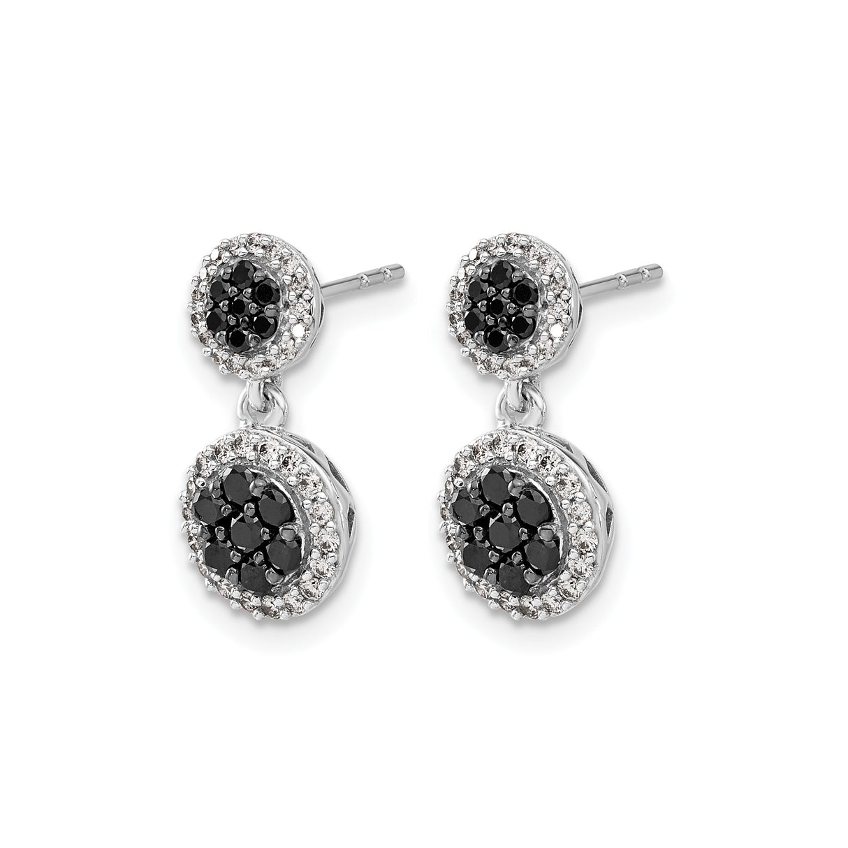 14k White Gold Drop Earrings with Black and White Diamonds, Double Halo Floral Design