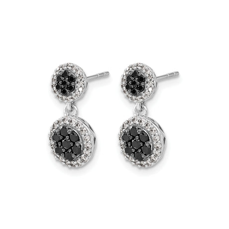 14k White Gold Drop Earrings with Black and White Diamonds, Double Halo Floral Design