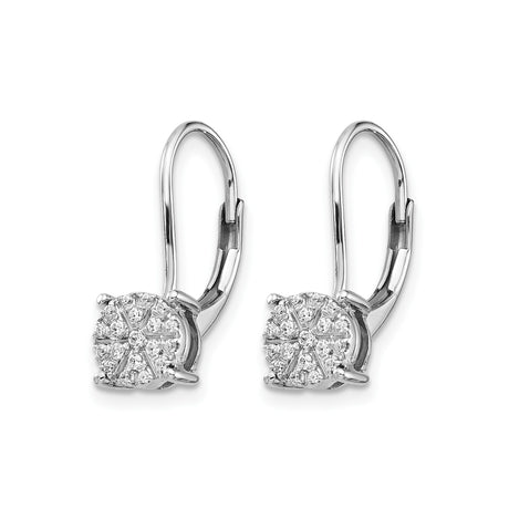 14k White Gold Leverback Earrings with Round Cluster Diamonds, Floral Design