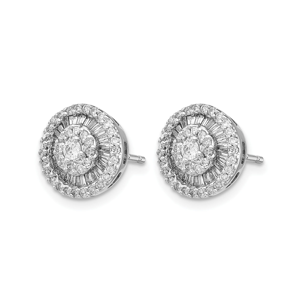 14k White Gold Stud Earrings with Round and Baguette Diamonds, Double Halo Design