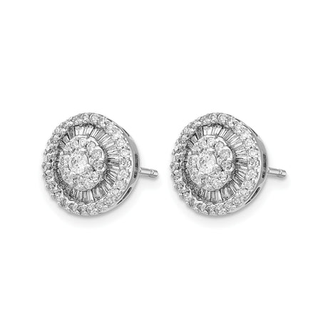 14k White Gold Stud Earrings with Round and Baguette Diamonds, Double Halo Design