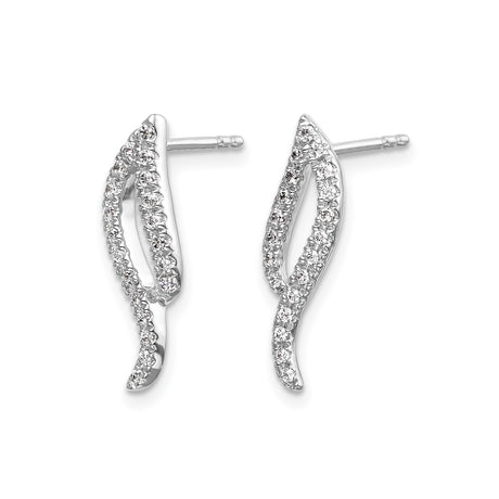 14k White Gold Stud Earrings with Diamonds, Curved Open Leaf Design, Lightweight Modern Style