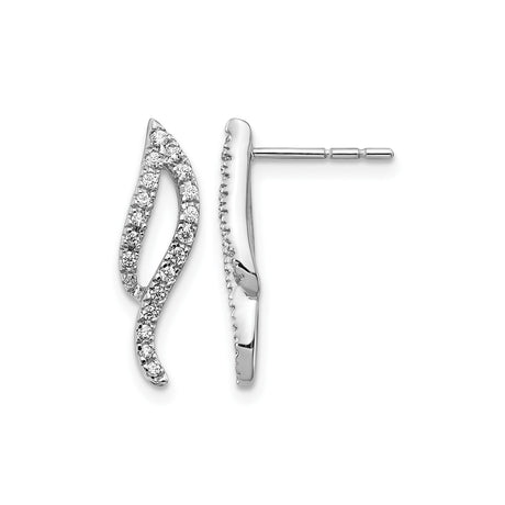 14k White Gold Stud Earrings with Diamonds, Curved Open Leaf Design, Lightweight Modern Style