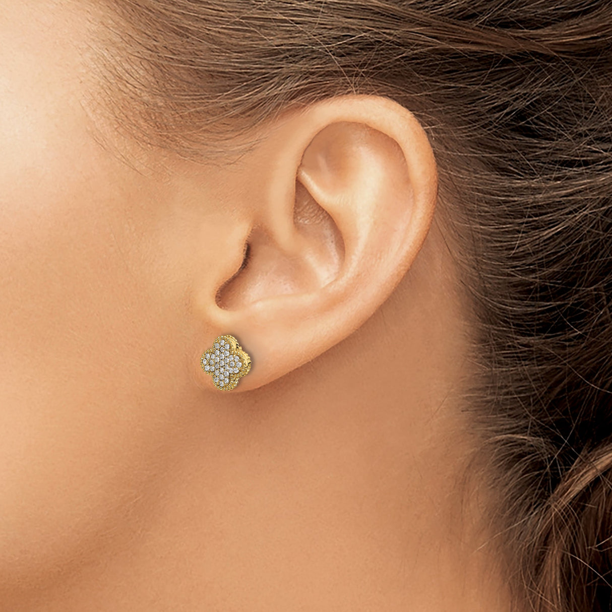 14k Yellow Gold Quatrefoil Stud Earrings with Diamond Accents, Clover Floral Design