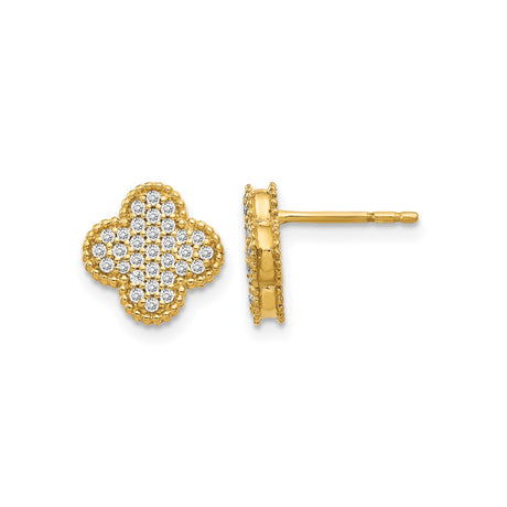 14k Yellow Gold Quatrefoil Stud Earrings with Diamond Accents, Clover Floral Design