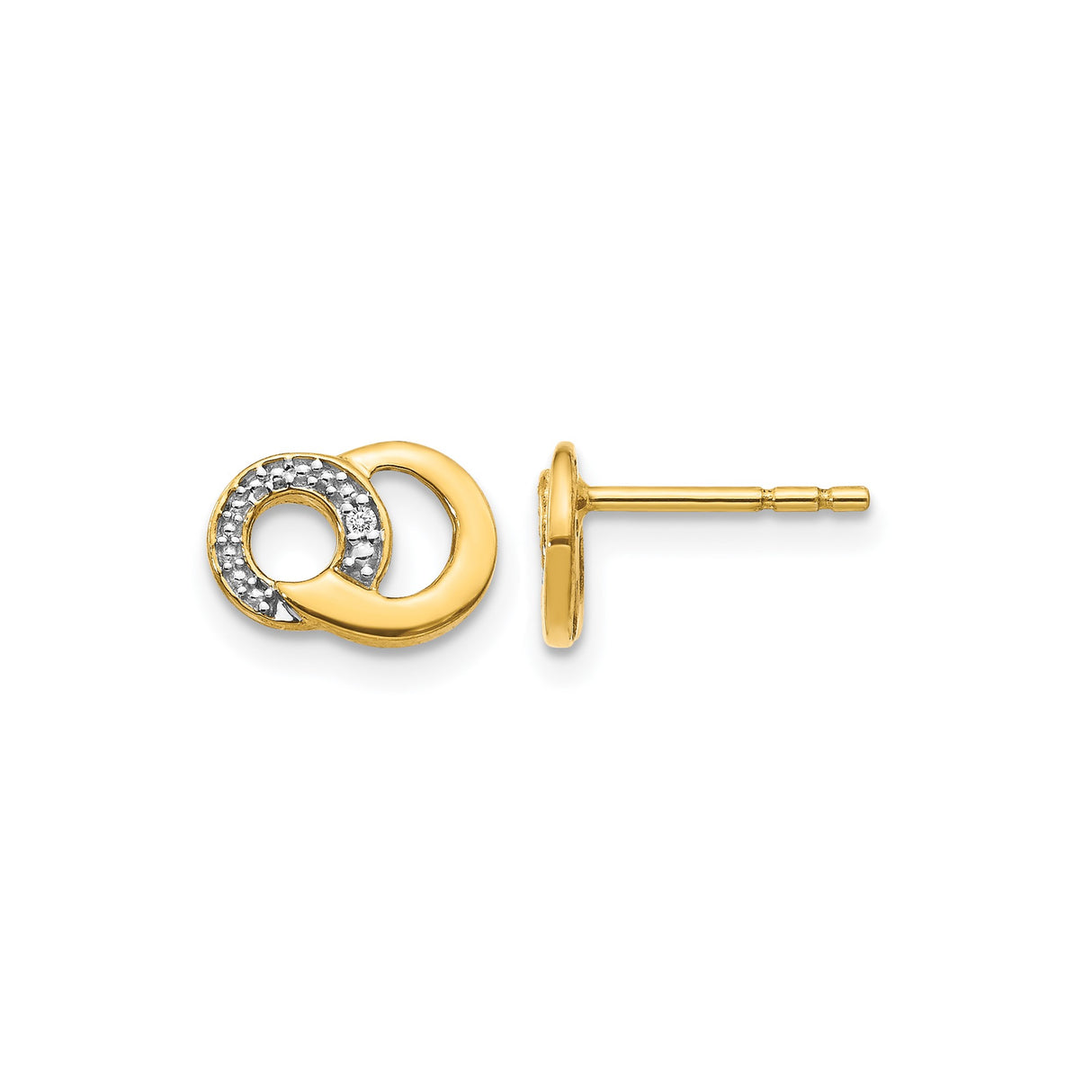 14k Yellow Gold Interlocking Circle Stud Earrings with Diamond, Two-Tone Design