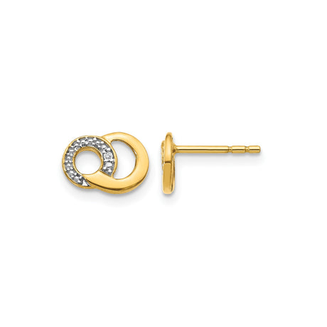 14k Yellow Gold Interlocking Circle Stud Earrings with Diamond, Two-Tone Design