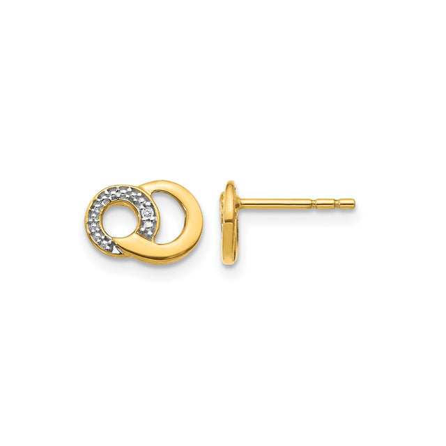 14k Yellow Gold Interlocking Circle Stud Earrings with Diamond, Two-Tone Design