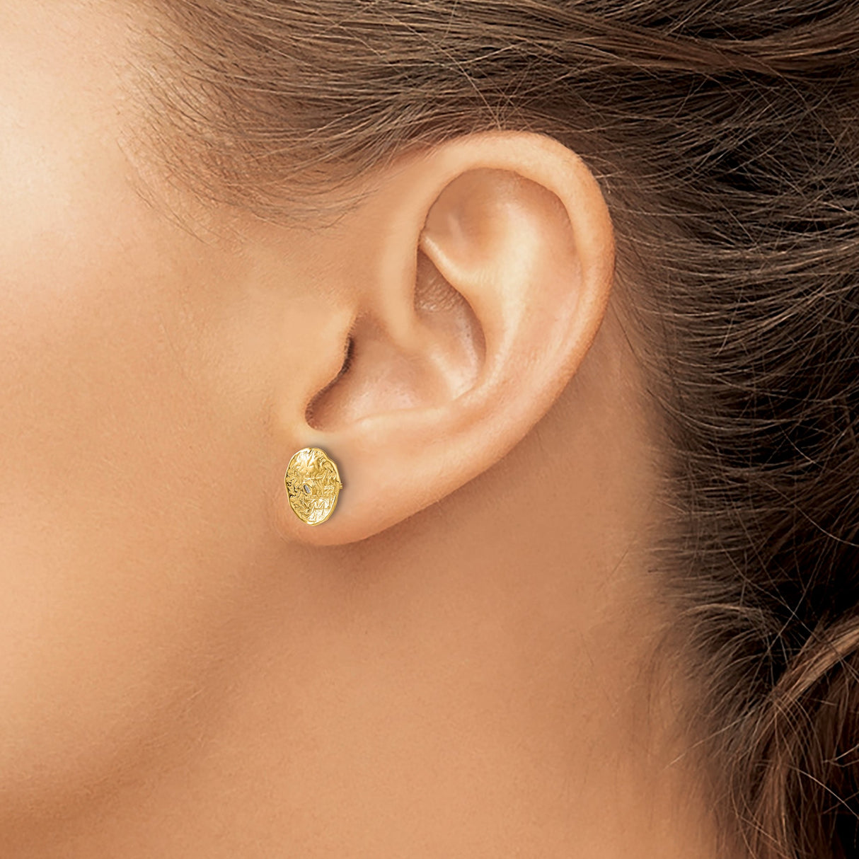 14k Yellow Gold Stud Earrings with Diamond Accent, Hammered Organic Round Design
