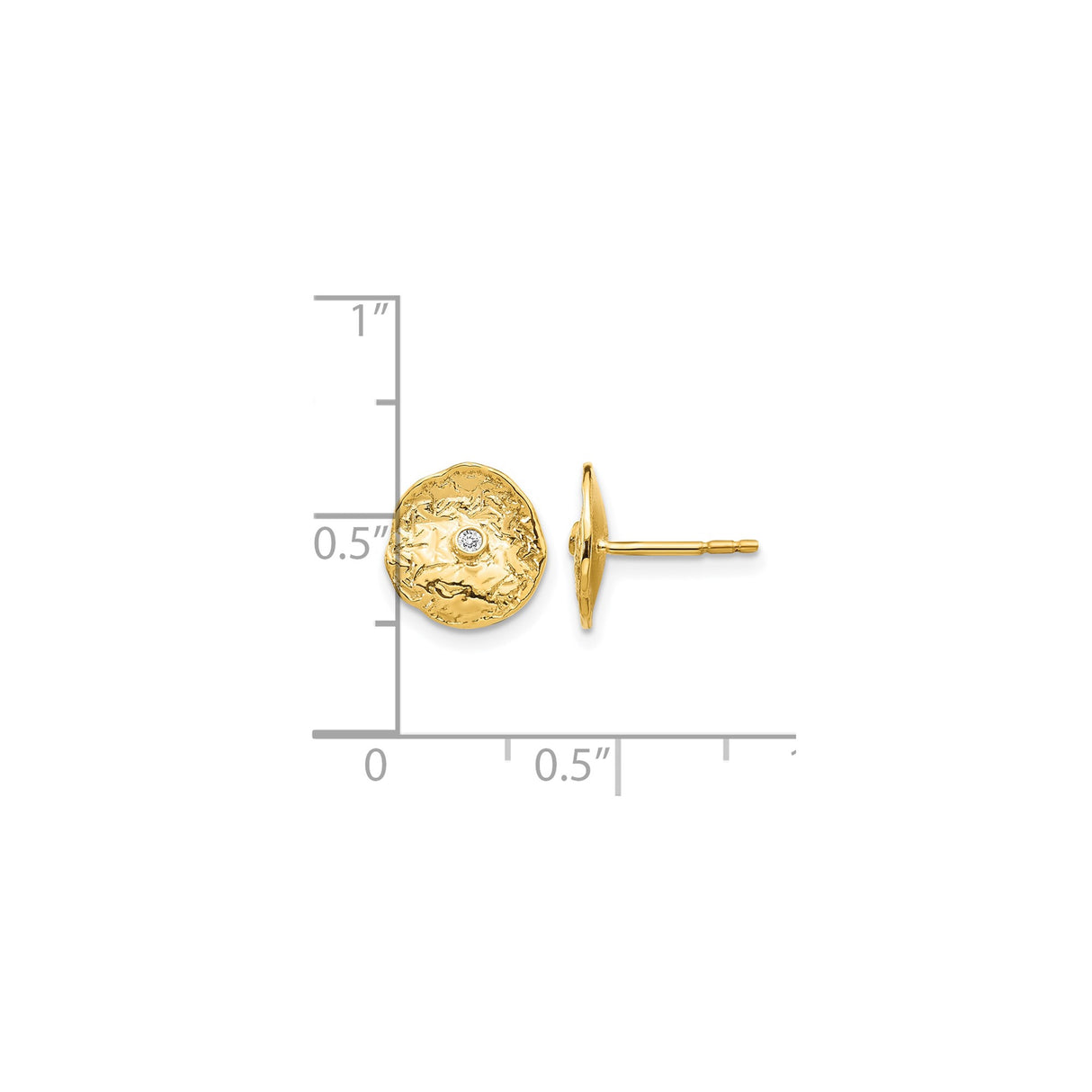 14k Yellow Gold Stud Earrings with Diamond Accent, Hammered Organic Round Design