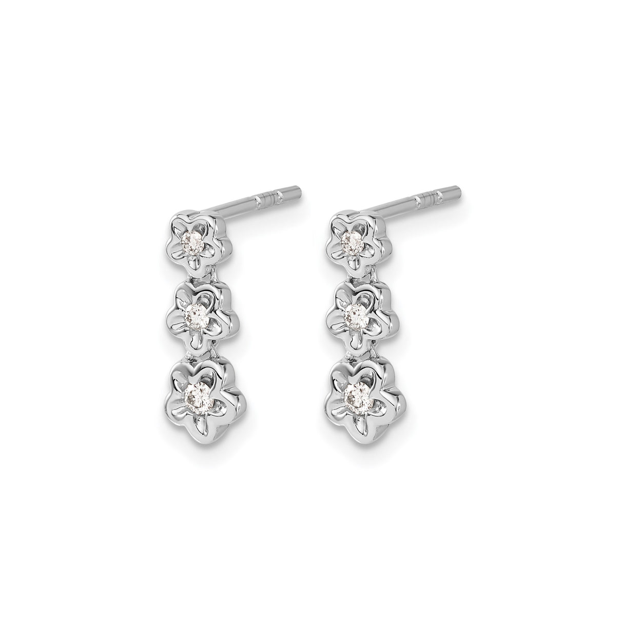 14k White Gold Drop Earrings with Diamond Accents, Three Flower Motif Design