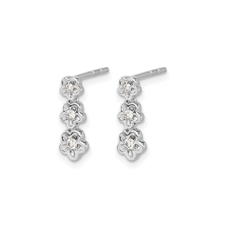 14k White Gold Drop Earrings with Diamond Accents, Three Flower Motif Design