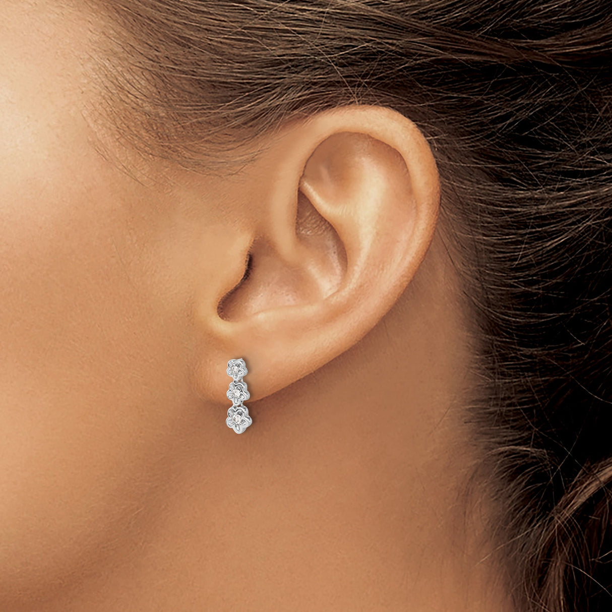 14k White Gold Drop Earrings with Diamond Accents, Three Flower Motif Design