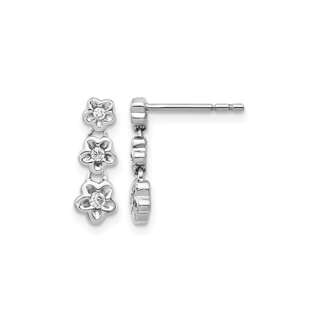 14k White Gold Drop Earrings with Diamond Accents, Three Flower Motif Design