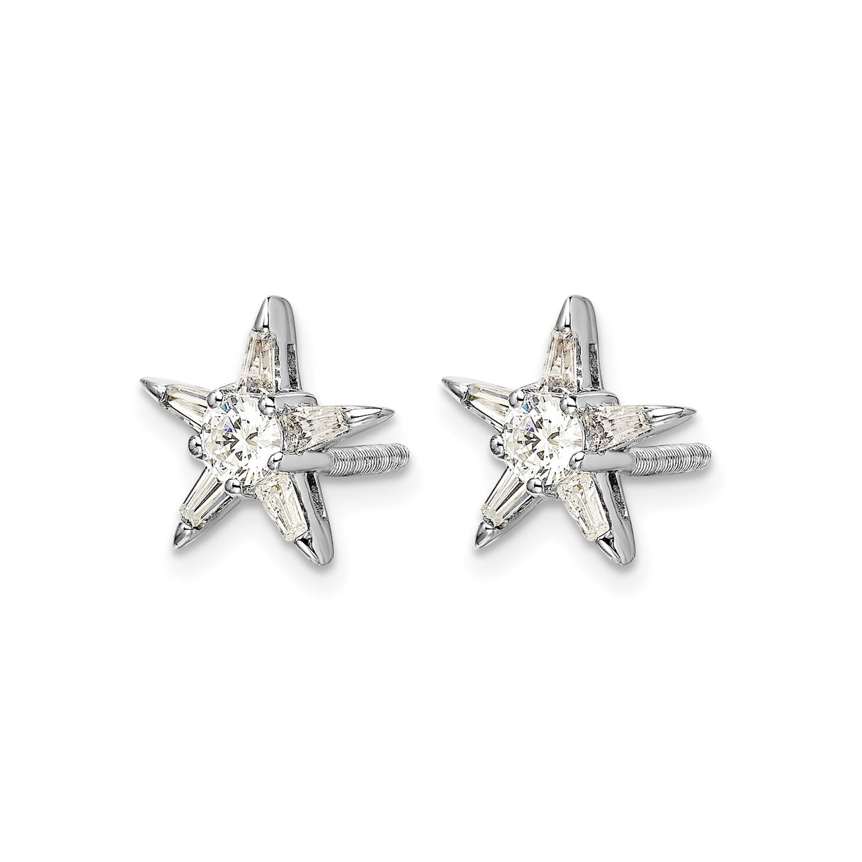 14k White Gold Star Stud Earrings with Diamond Center and Baguette Accents