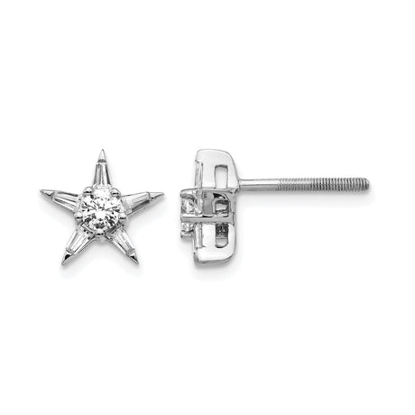 14k White Gold Star Stud Earrings with Diamond Center and Baguette Accents