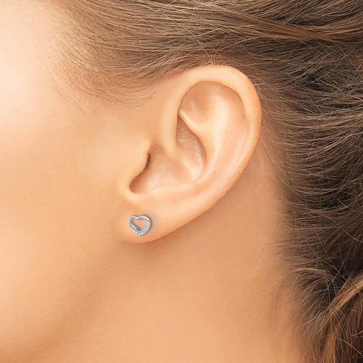 14k White Gold Heart Stud Earrings with Diamond Accent, Open Heart Design