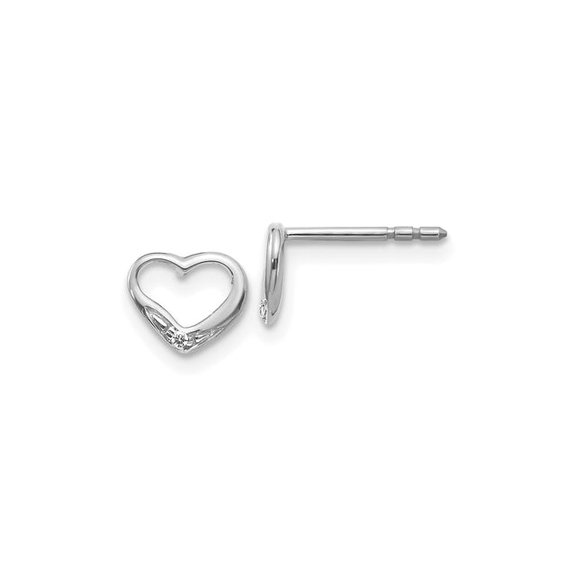 14k White Gold Heart Stud Earrings with Diamond Accent, Open Heart Design