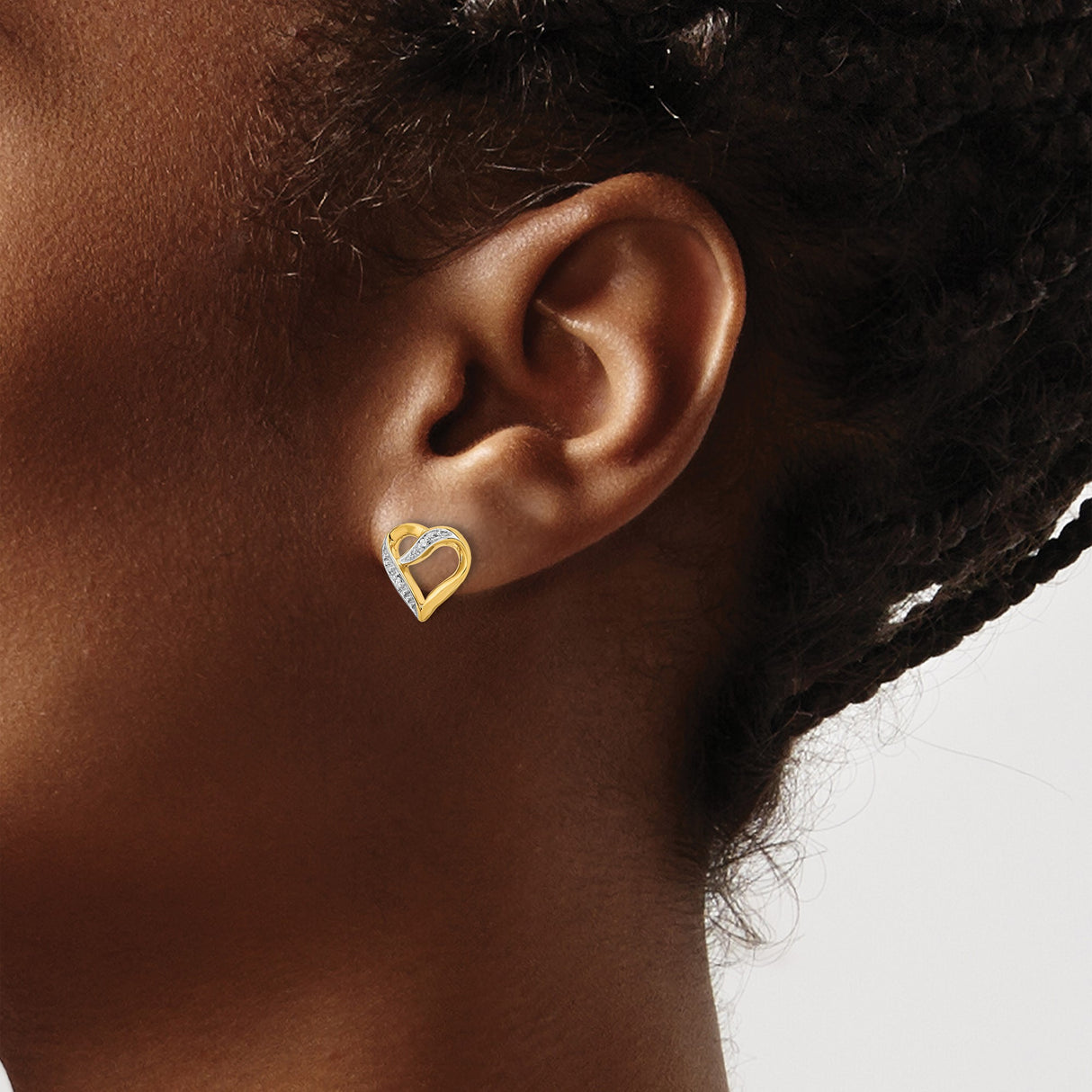 14k Yellow Gold Stud Earrings, Open Heart Design with Diamond-Cut Accents, Two-Tone Style for Women