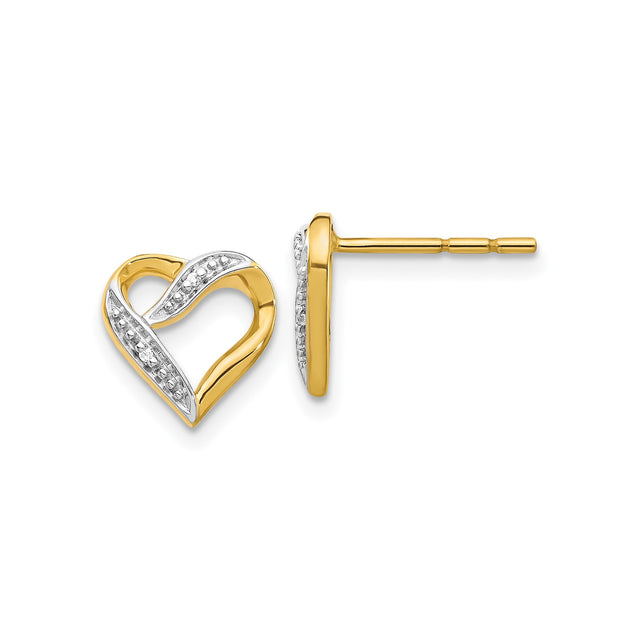 14k Yellow Gold Stud Earrings, Open Heart Design with Diamond-Cut Accents, Two-Tone Style for Women