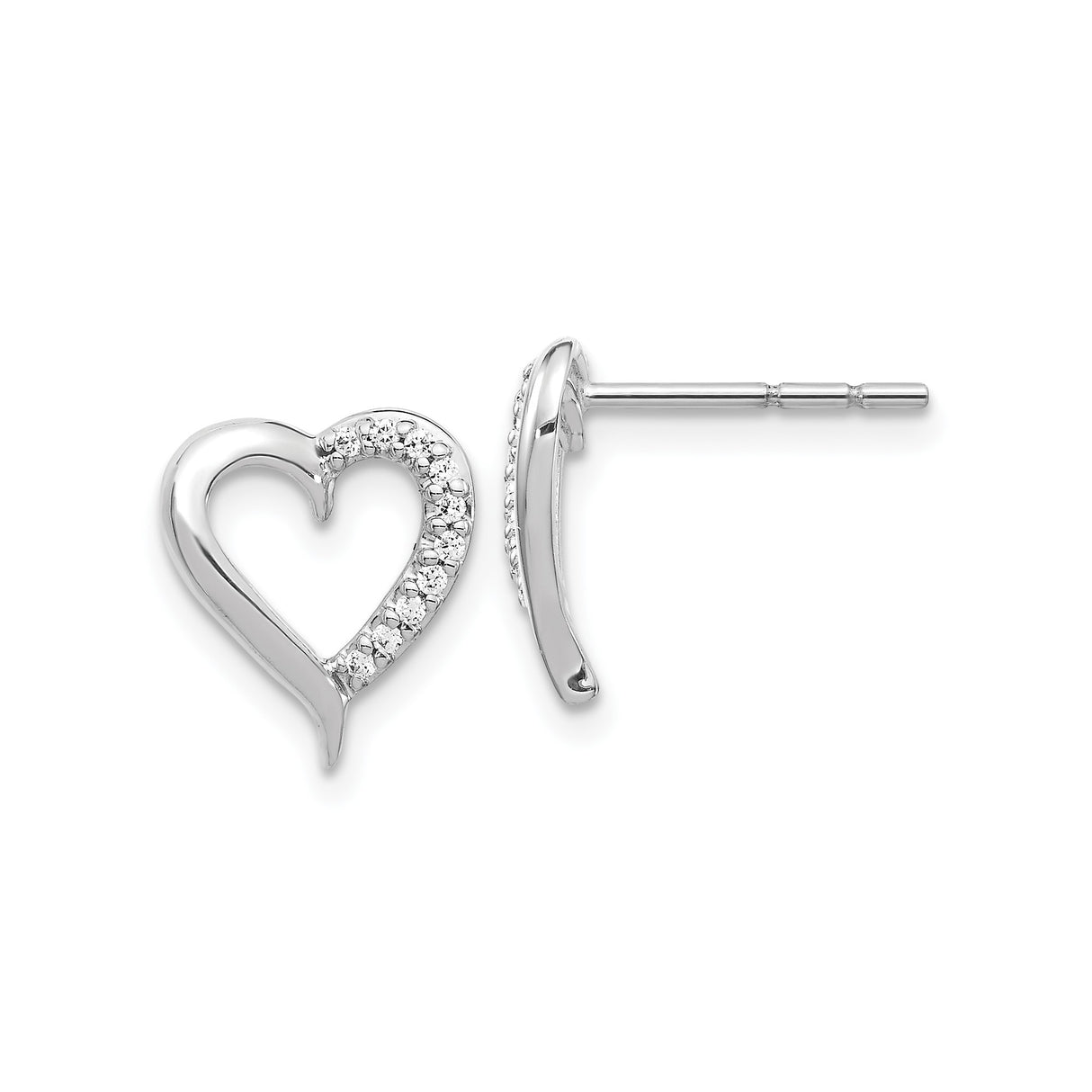 14k White Gold Heart Stud Earrings with Diamonds, Open Heart Design for Women