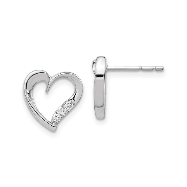 14k White Gold Heart Stud Earrings with Diamond Accents, Romantic Design for Women