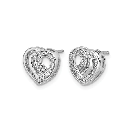14k White Gold Heart Stud Earrings with Round and Baguette Diamond Accents