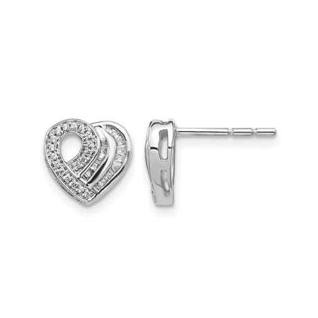 14k White Gold Heart Stud Earrings with Round and Baguette Diamond Accents