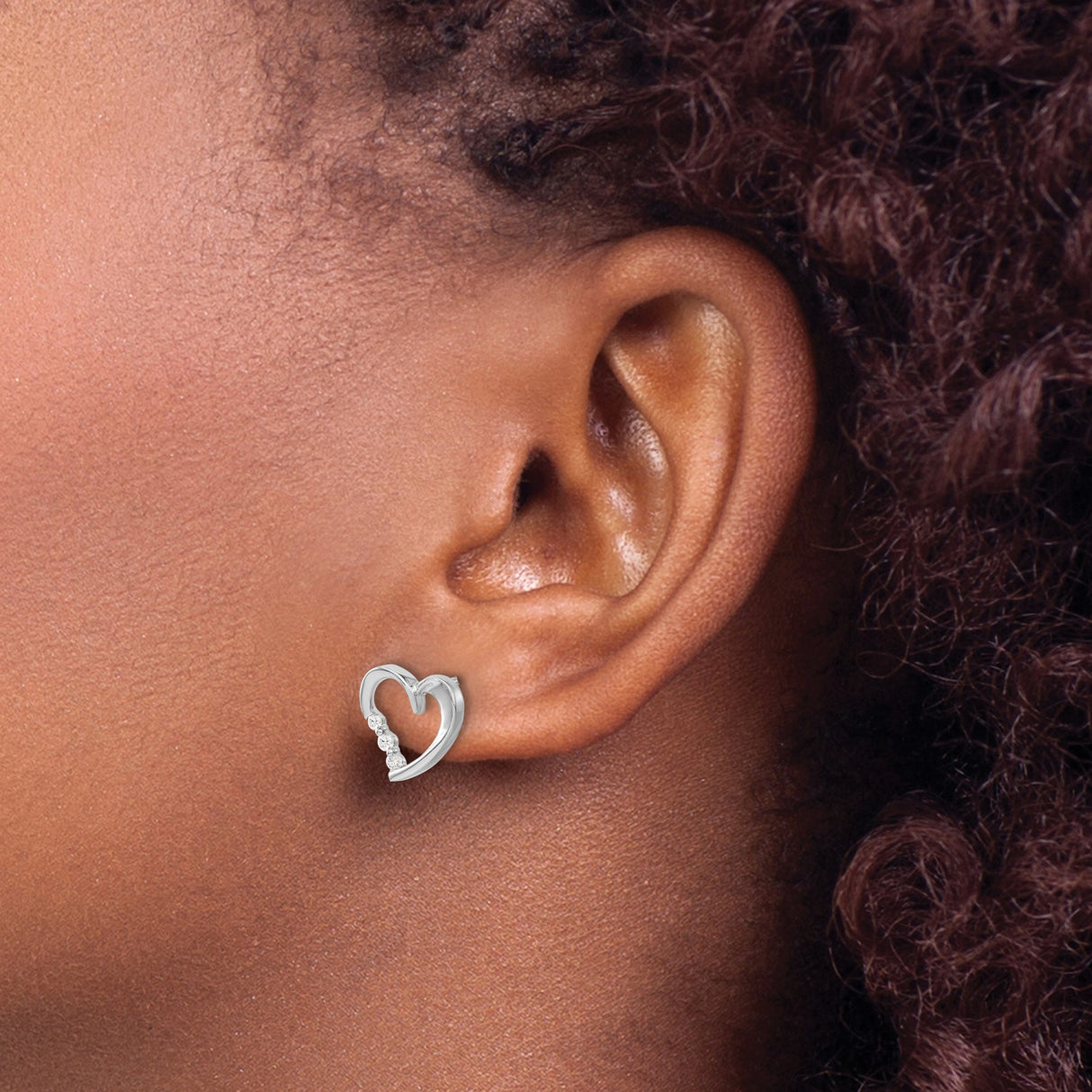 14k White Gold Heart Stud Earrings with Three Round Diamonds, Open Heart Design for Women